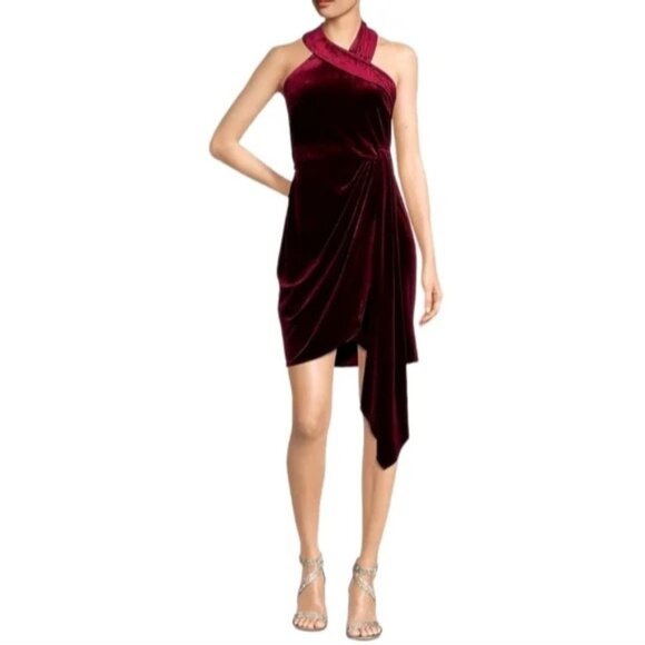Belle Badgley Mischka Jade Velvet Halter Neck Dress Size 0 Wine Red New - Picture 1 of 13